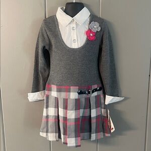 NWT Bluberi Shirt Dress Gray Red White Plaid Girl’s size 5 Preppy Quiet Luxury